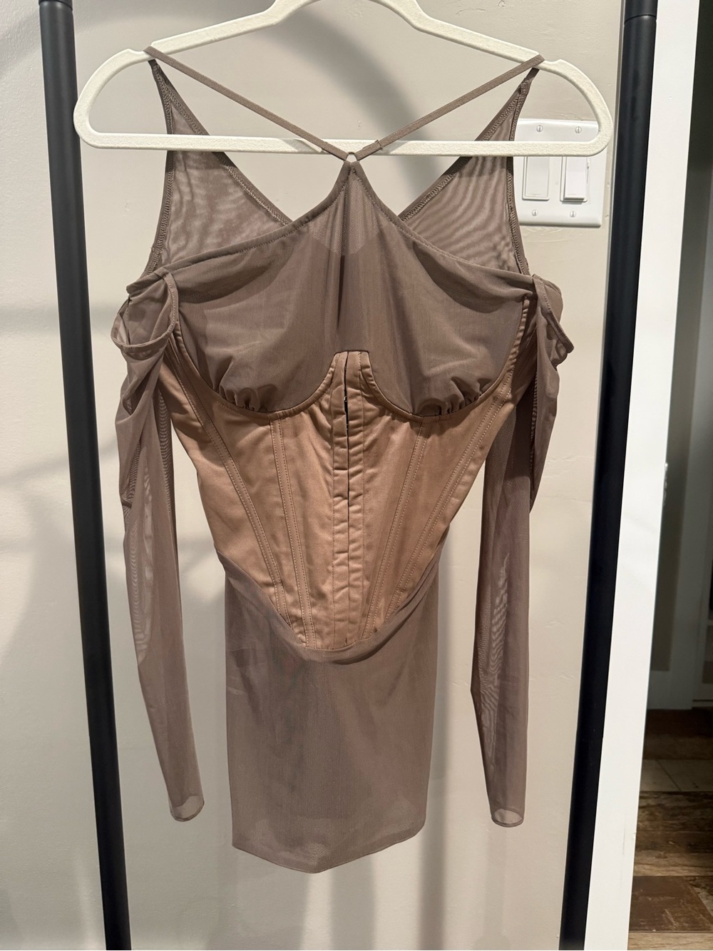 Taupe Mesh Corset Mini Dress with Long Sleeves